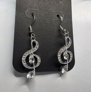 Treble Clef Silver Rhinestone Music Note Earrings‎ Handmade Hypoallergenic